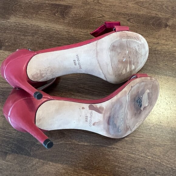 BCBGMaxAzria Pavli red satin leather heels sandals ankle strap 6.5M - Picture 9 of 12